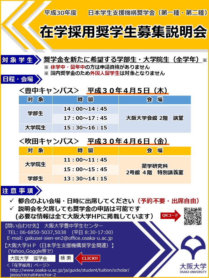 平成30年度日本学生支援機構奨学金(第一種・第二種) 在学採用申請要領の掲載について